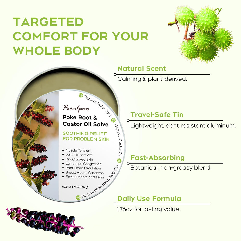 Close-up of poke root and castor oil ingredients