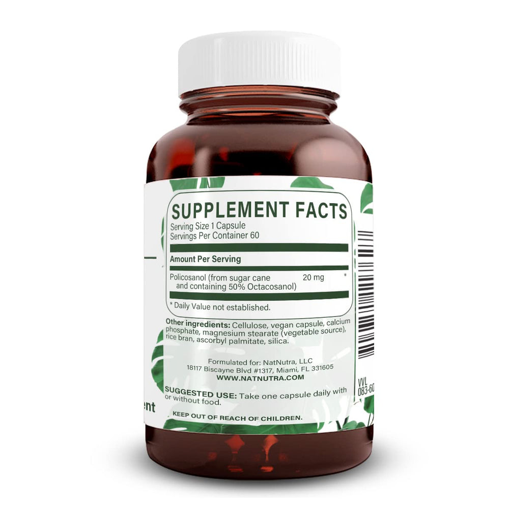 Policosanol 20mg vegan capsules with octacosanol, triacontanol, and hexacosanol.