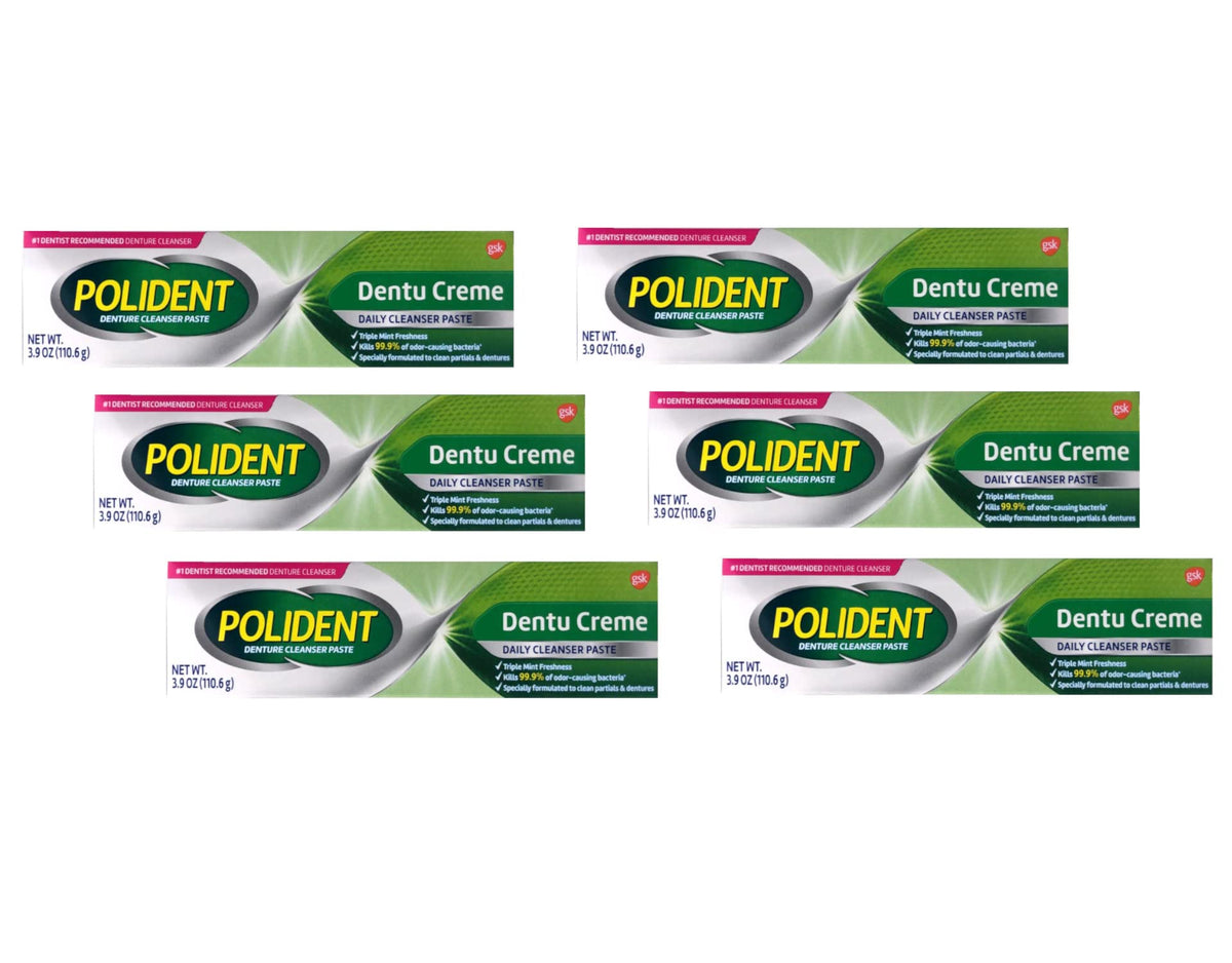 Polident Dentu-Creme 3.9oz tube in a six-pack display