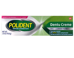 Front view of Polident Dentu-Creme packaging