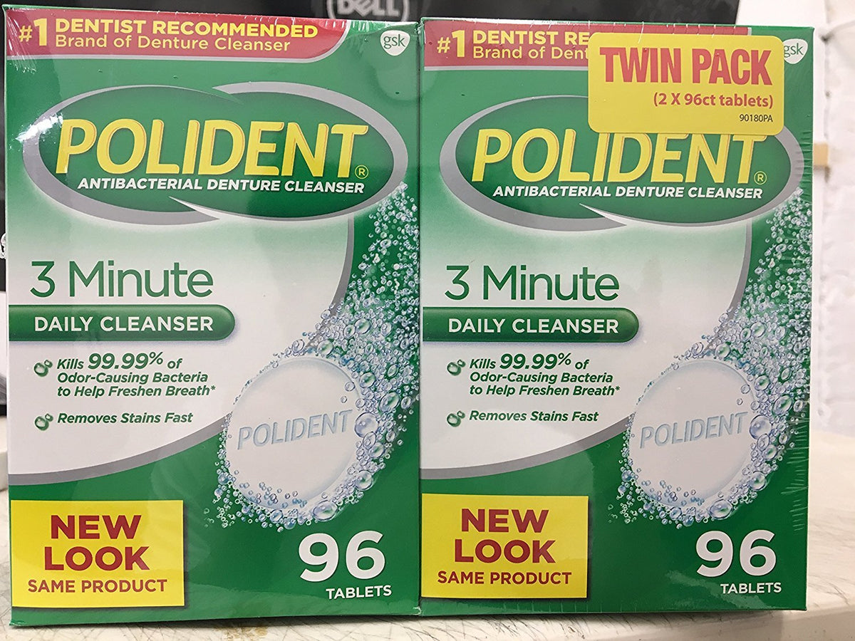 Polident antibacterial 3 minute denture cleanser with triple mint freshness, 96 tablets per box, pack of 2