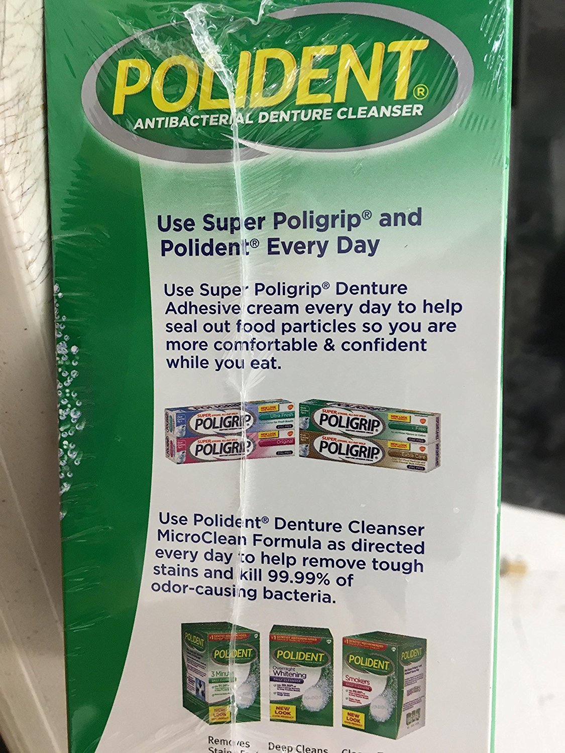 Denture cleanser box showing 96 tablets per box, pack of 2, Polident triple mint antibacterial formula
