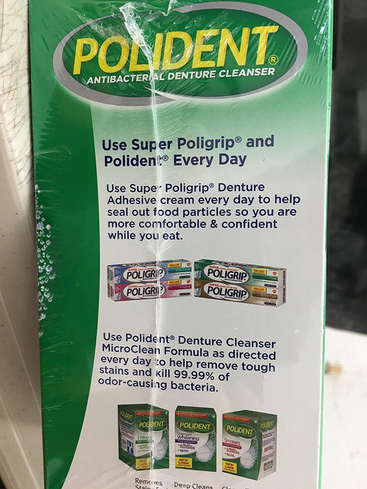 Denture cleanser box showing 96 tablets per box, pack of 2, Polident triple mint antibacterial formula