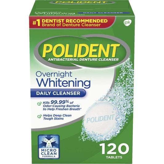 Polident Overnight Whitening Denture Cleanser Pack of 2 box front