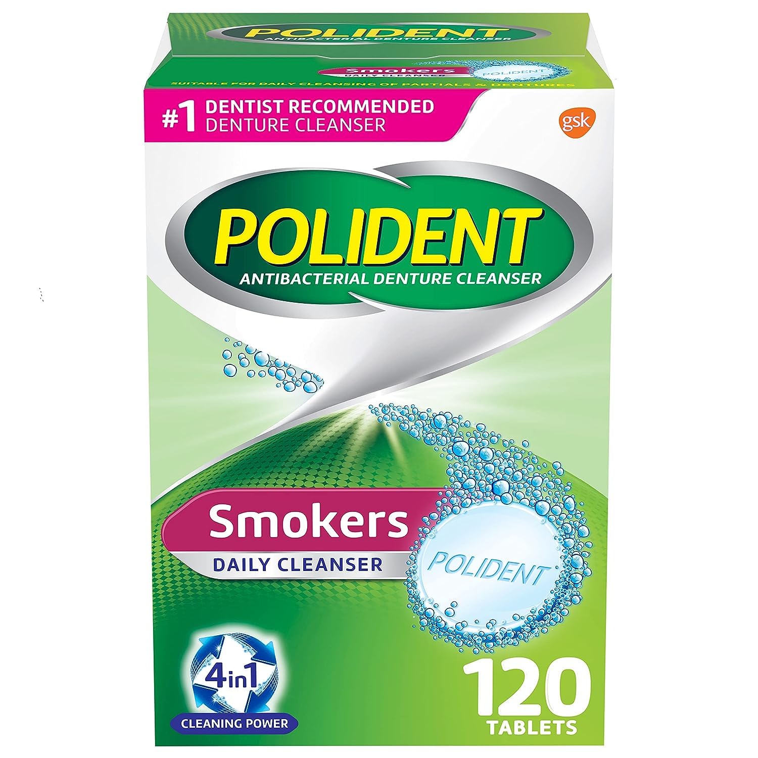 Front of Polident Smokers Denture Cleanser 120 Count box