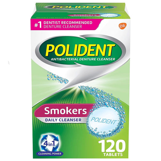 Front of Polident Smokers Denture Cleanser 120 Count box