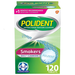 Front of Polident Smokers Denture Cleanser 120 Count box