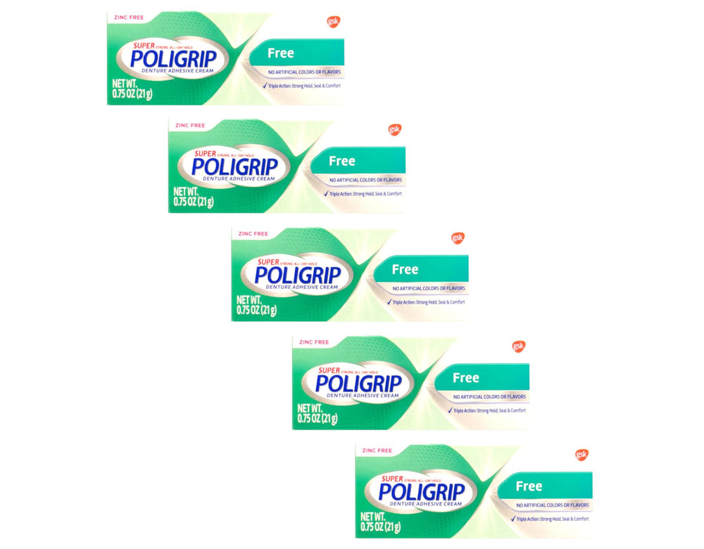 Five Poligrip denture adhesive cream tubes arranged for display