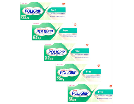 Five Poligrip denture adhesive cream tubes arranged for display