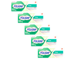 Five Poligrip denture adhesive cream tubes arranged for display