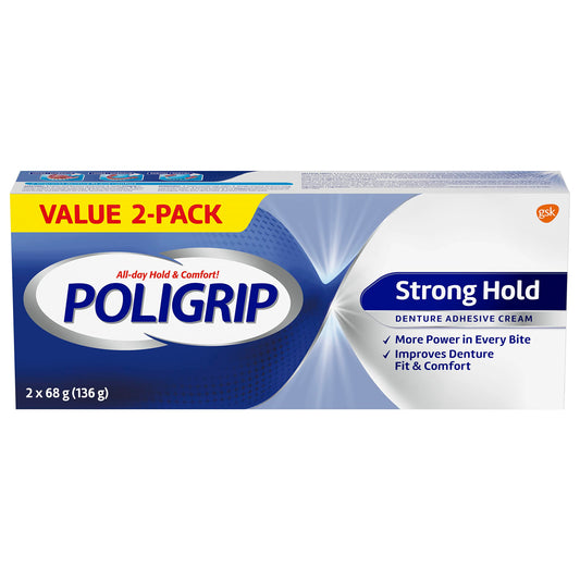 Two 68 g Poligrip Strong Hold denture adhesive cream tubes - front view