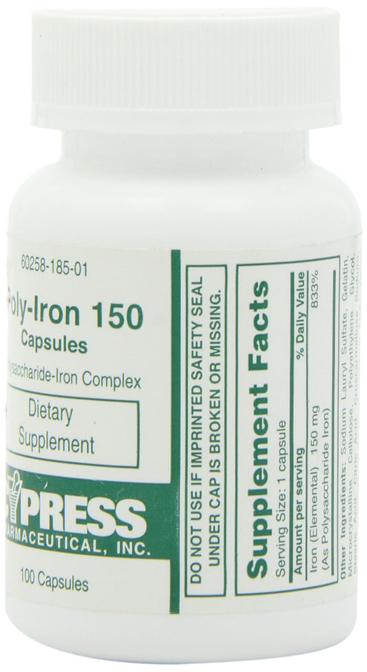 Back view of Poly Iron Capsules bottle showing label 150 mg, 100 capsules 185-01
