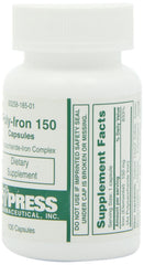 Back view of Poly Iron Capsules bottle showing label 150 mg, 100 capsules 185-01