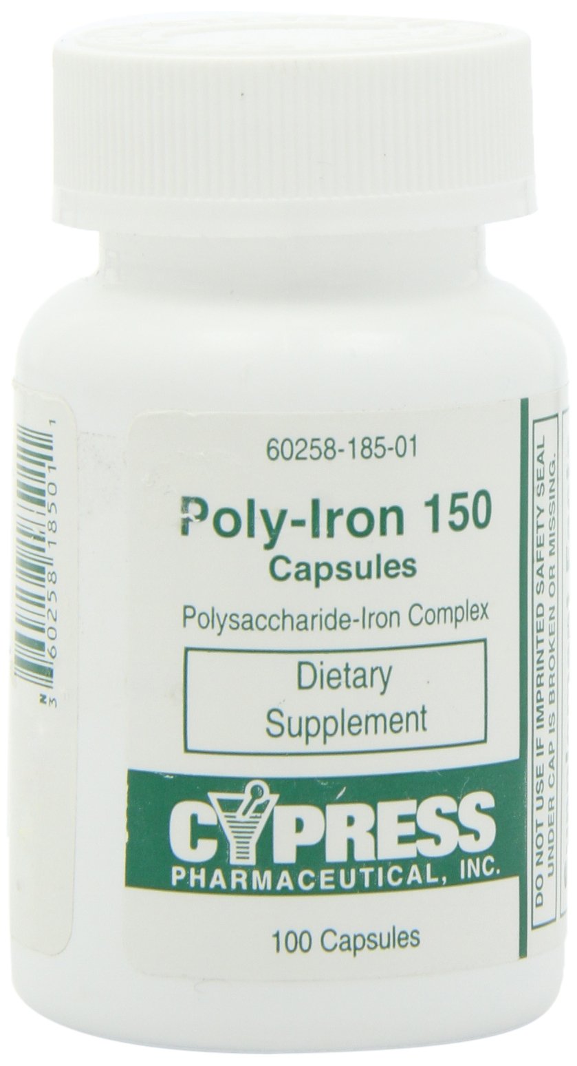 Front view of Poly Iron Capsules 150 mg bottle (100 capsules) by Cypress Pharmaceutical 185-01