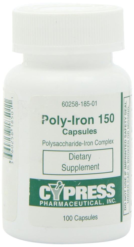 Front view of Poly Iron Capsules 150 mg bottle (100 capsules) by Cypress Pharmaceutical 185-01