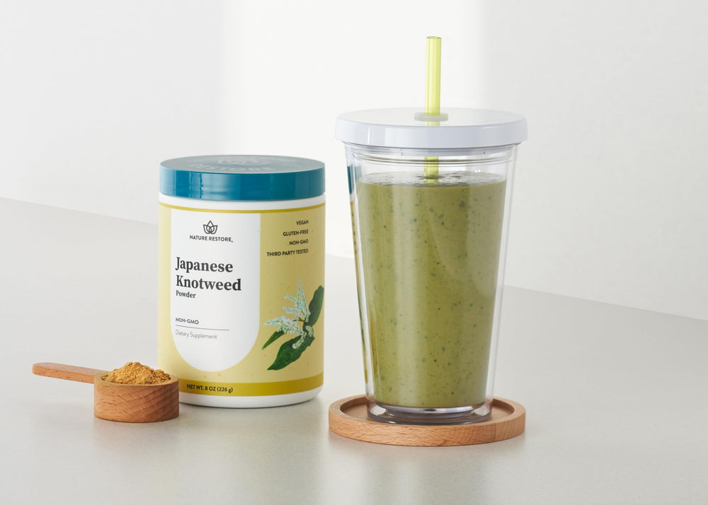 8-ounce jar and Polygonum cuspidatum packaging for knotweed powder