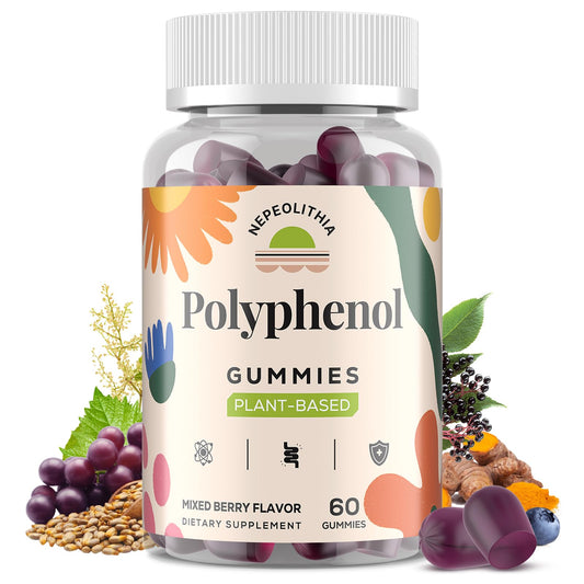 Front view of Polyphenol Gummies bottle with label
