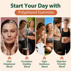 Polyphenol Gummies bottle with packaging and lifestyle setting