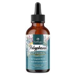 Liposomal polyphenols supplement bottle labeled 27+ polyphenols
