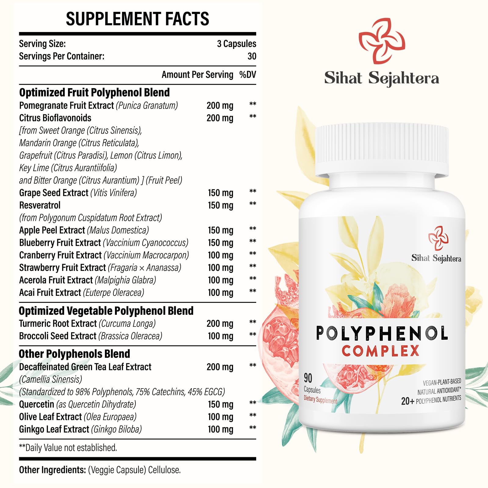 Close-up of quercetin and resveratrol ingredients in polyphenols supplement