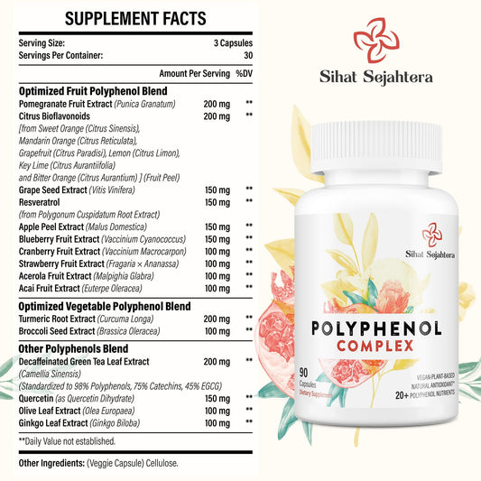 Close-up of quercetin and resveratrol ingredients in polyphenols supplement
