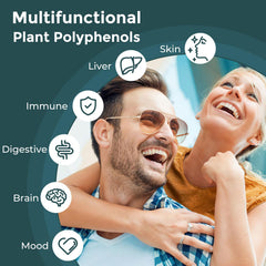 Packaging and 240 ml bottle of polyphenols supplement