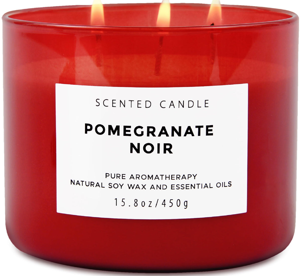 Front view of Pomegranate Noir Vanilla 3-Wick Candle in red glass jar