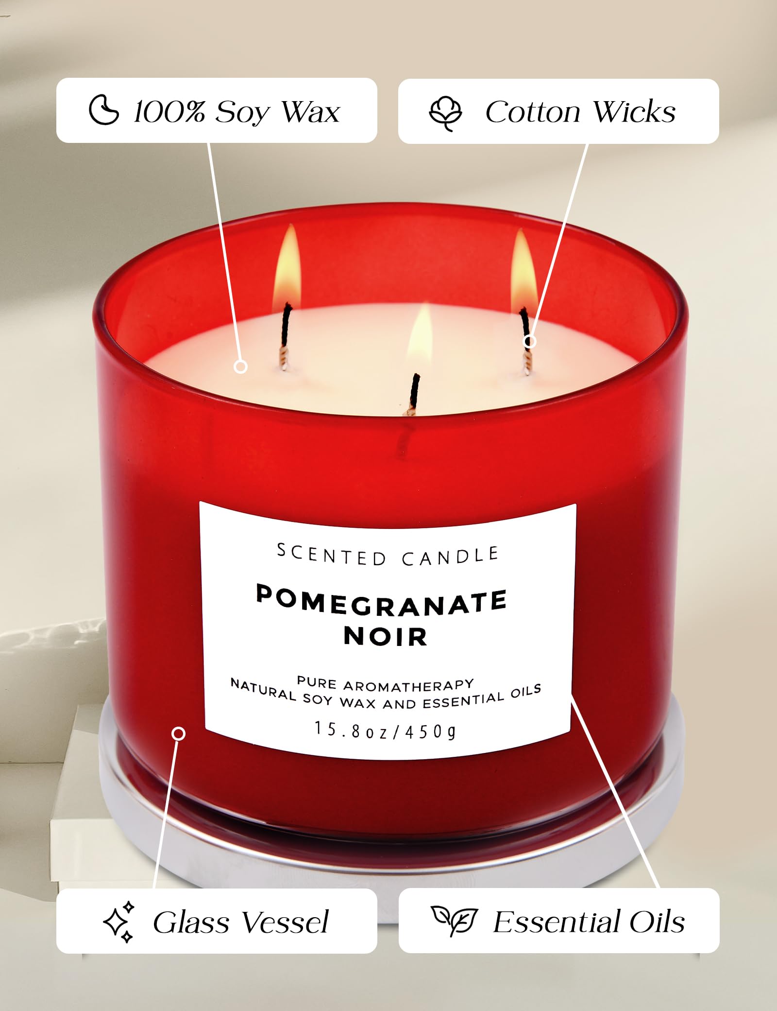 Detail of pure soy wax and wicks in Pomegranate Noir Vanilla candle