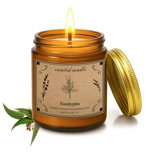 POOTES 16oz eucalyptus lavender soy wax candle in a large amber jar