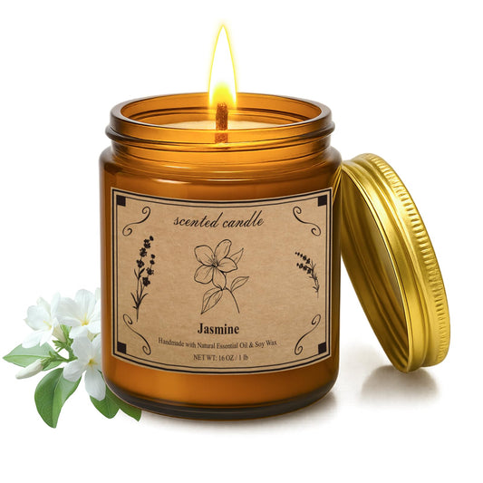 POOTES Jasmine scented candle in amber glass jar with gold lid