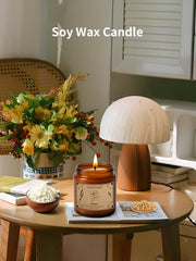 Close-up of jasmine essential oil label on POOTES candle