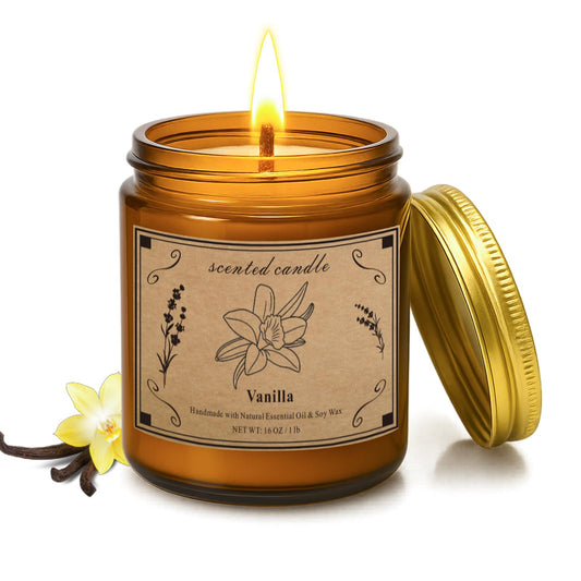 POOTES vanilla soy candle in 16oz amber jar