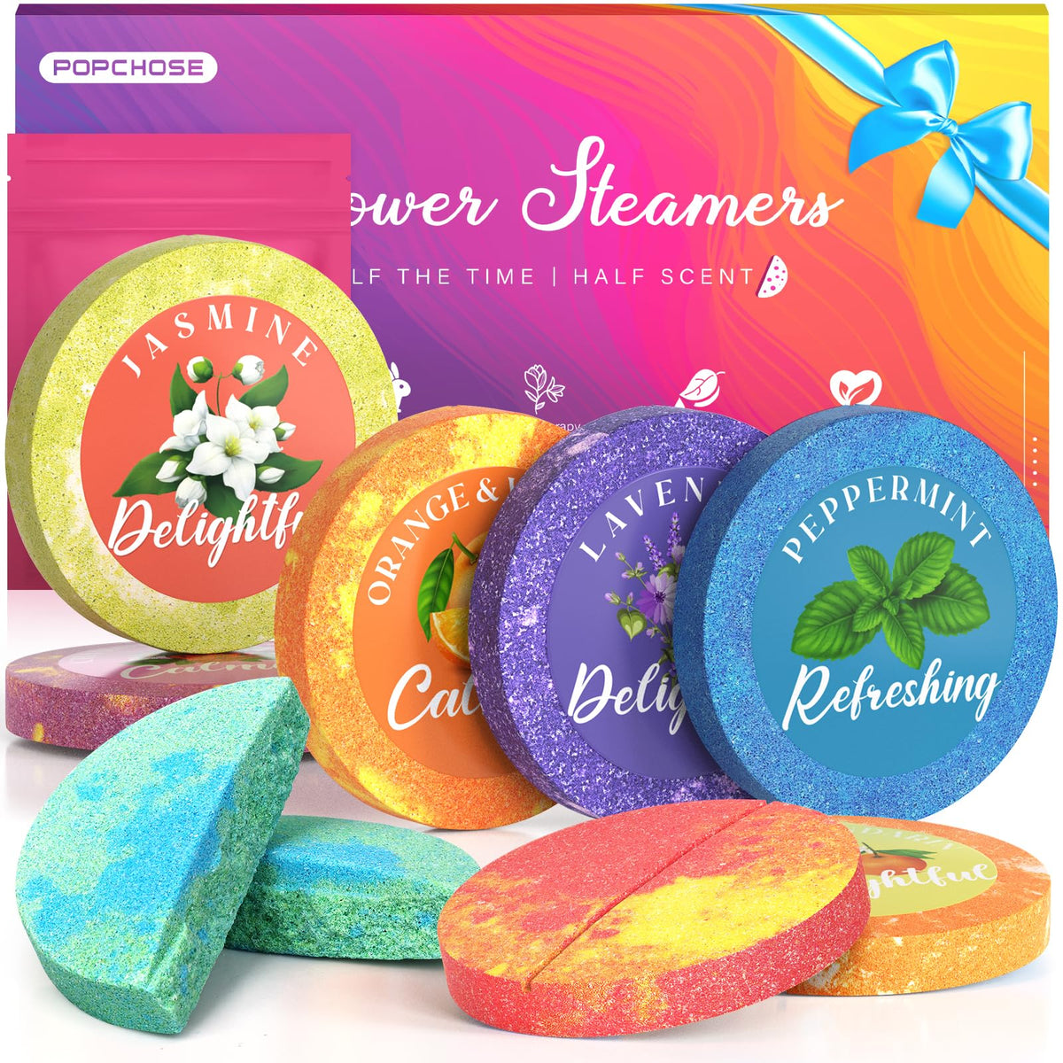 POPCHOSE shower steamers pack front in a gift-ready box for self-care.