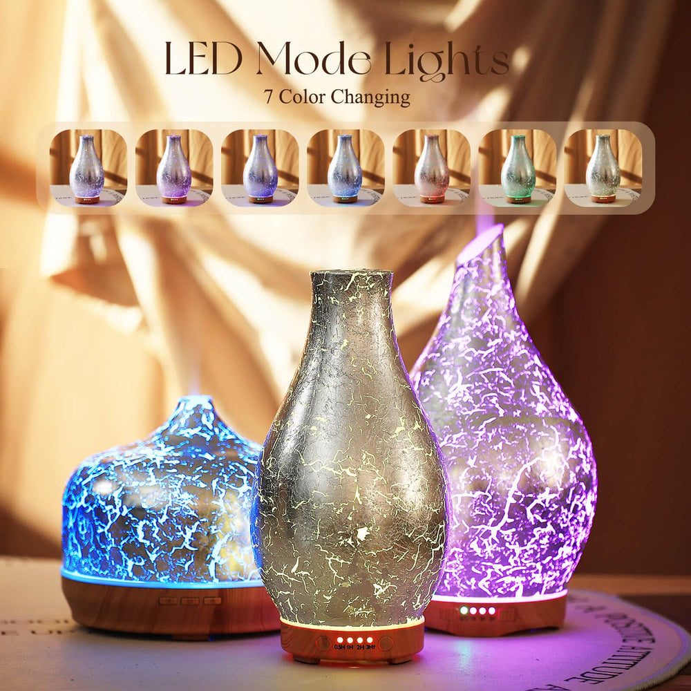 Close-up of the 3D glass design on the silver-plated volcano diffuser with mist