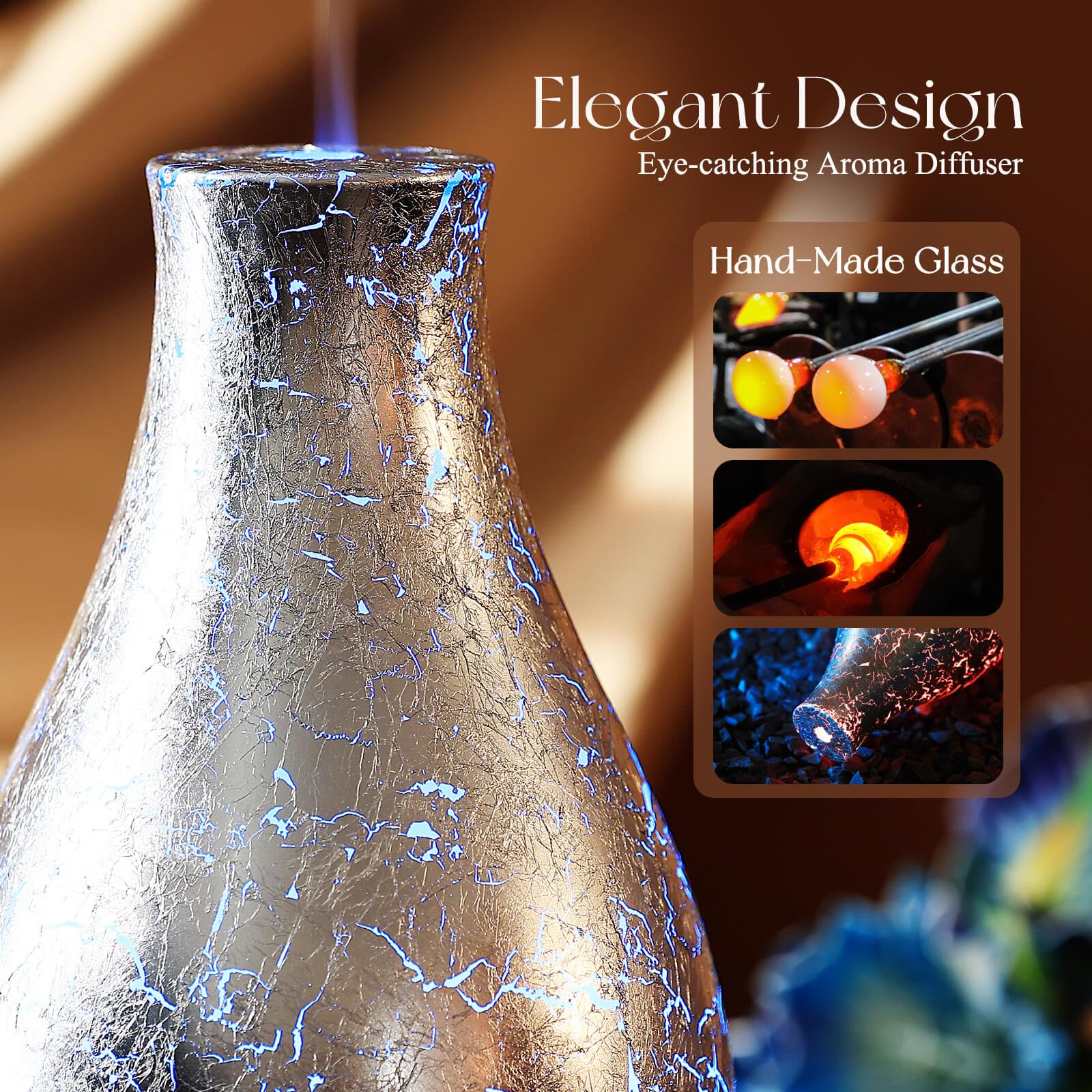 Ultrasonic mist emitting from silver-plated volcano diffuser