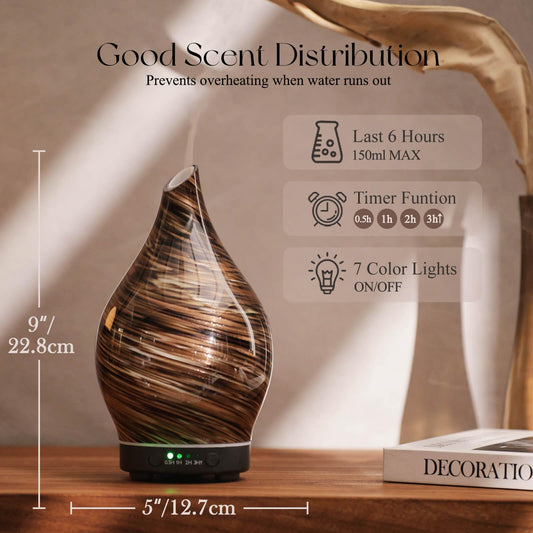 Star-shaped glass cover and wood grain base of Porseme diffuser