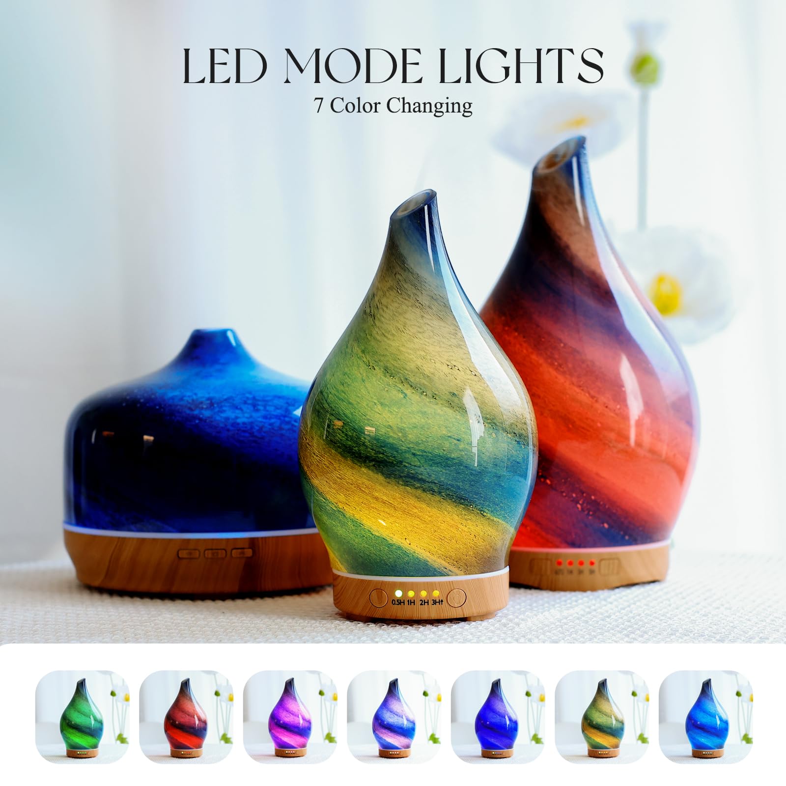7-color LED lighting options for Porseme diffuser