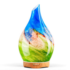 Porseme 280ml glass essential oil diffuser with star-shaped glass cover and wood grain base in Blue Grass