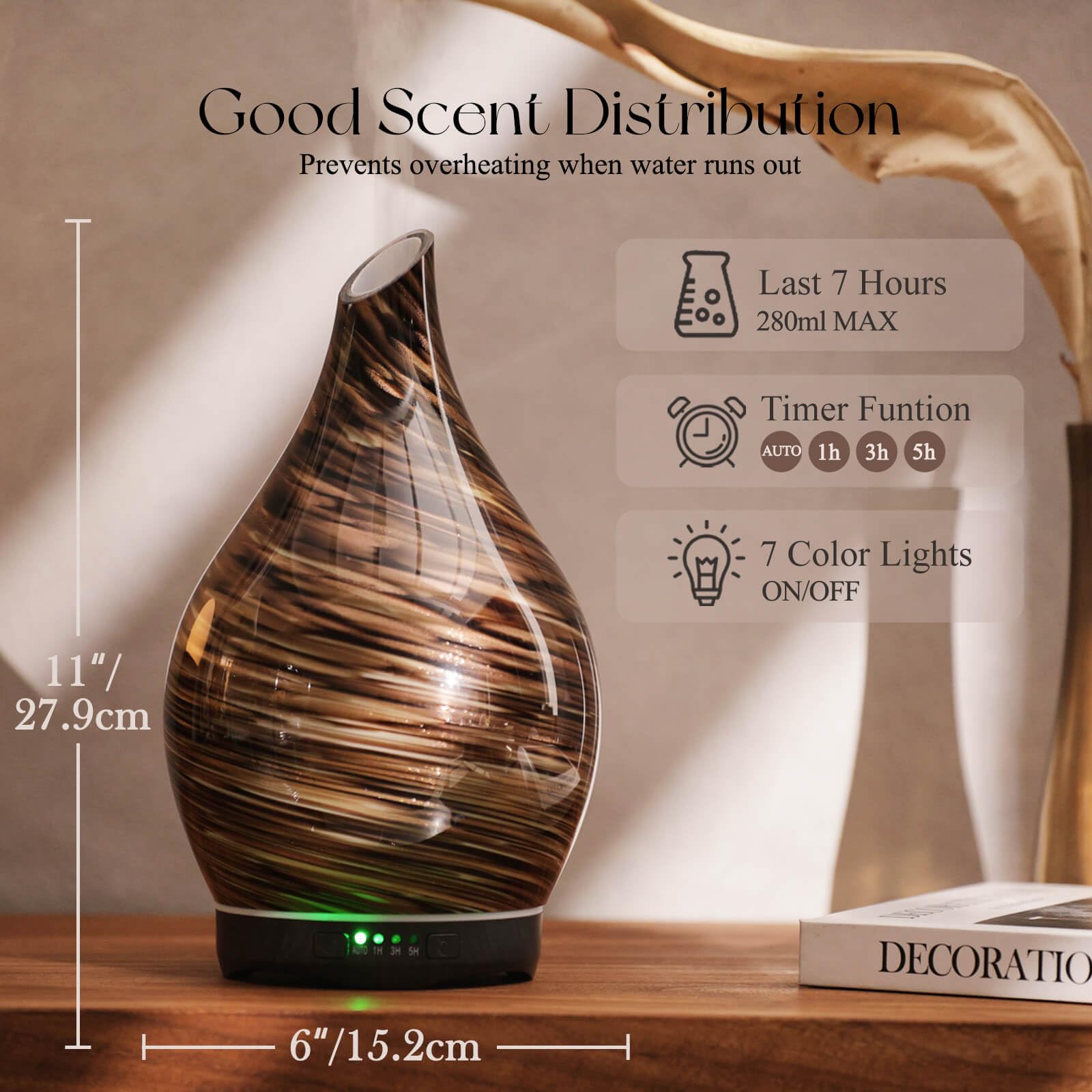 Close-up of Porseme diffuser's dark golden glass base
