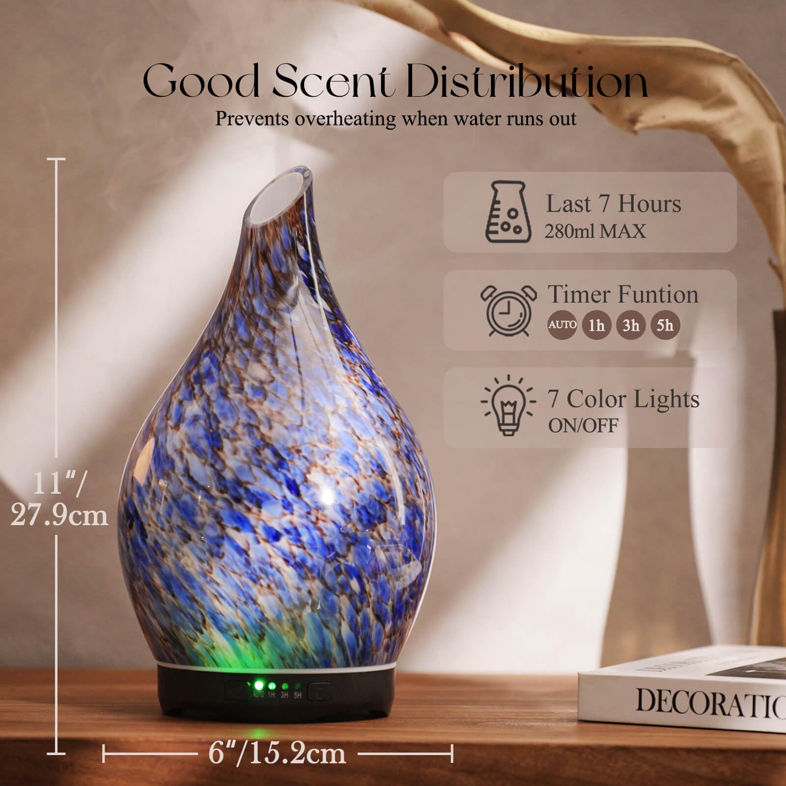Close-up of hand-blown glass diffuser showing star-shaped cover in Deep Blue