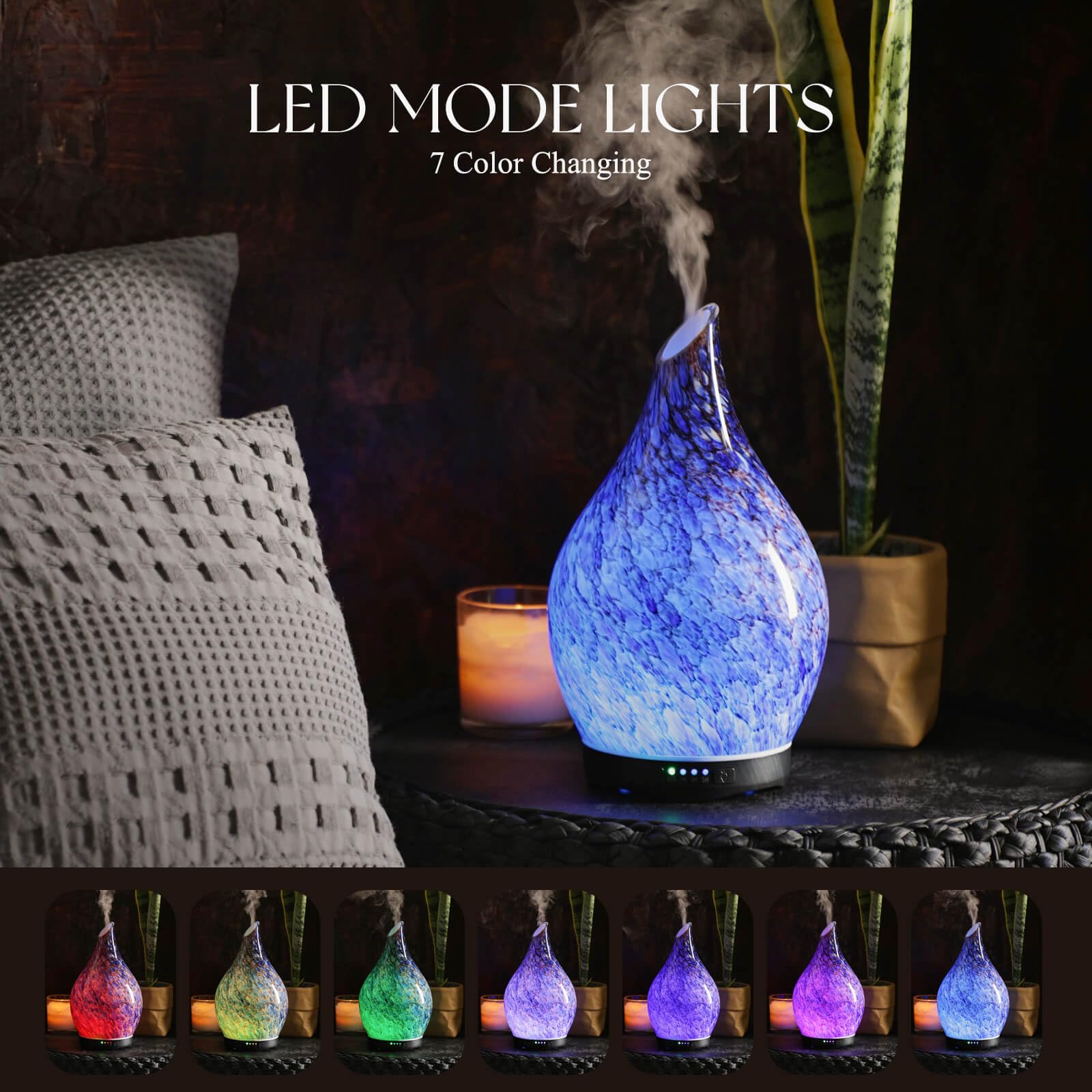 Diffuser emitting color-changing LED lights in Deep Blue