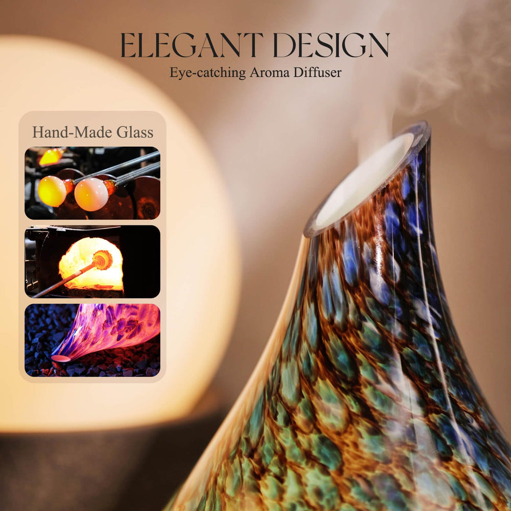 Wood grain base and star-shaped glass dome of Porseme diffuser