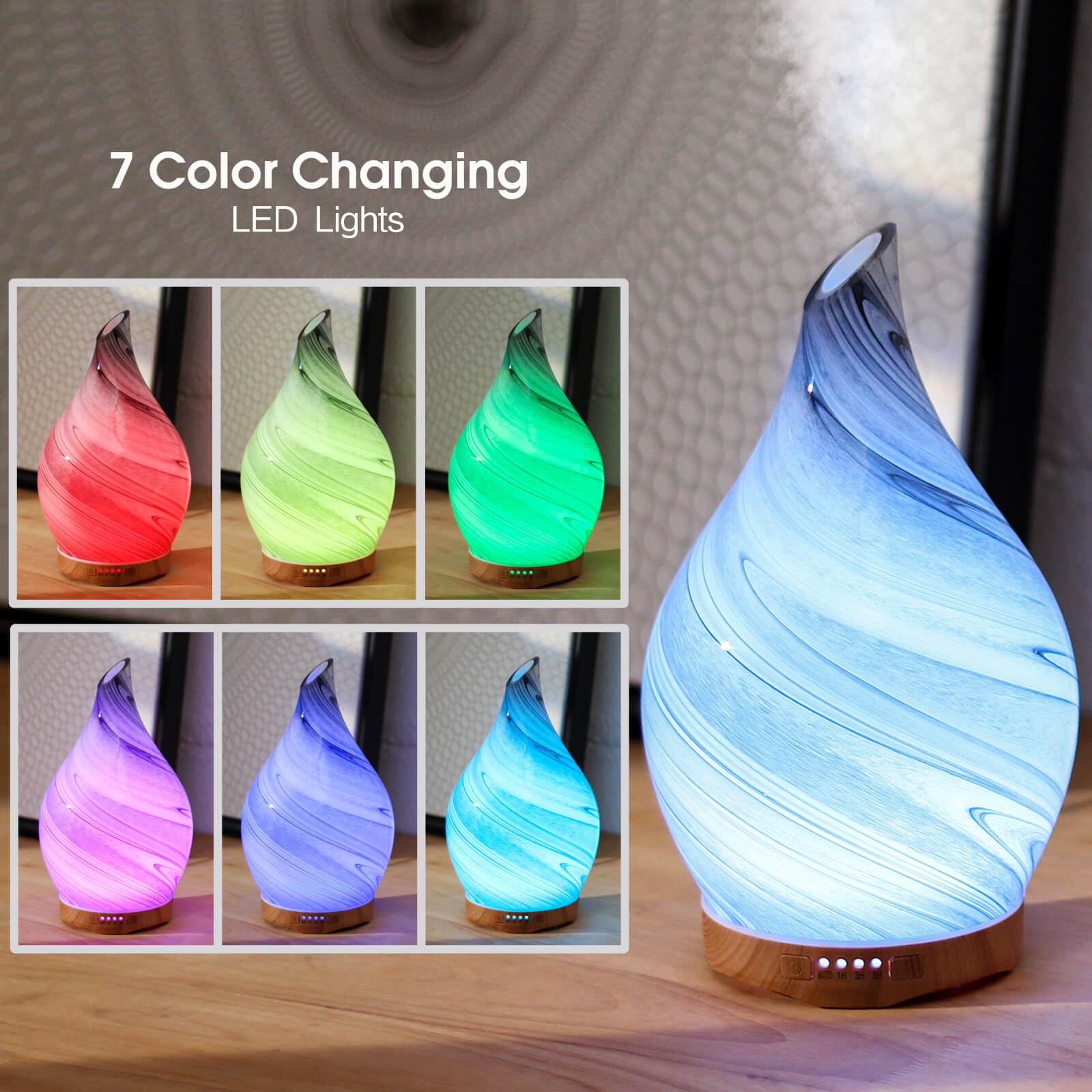 Diffuser showing color-changing LED lights