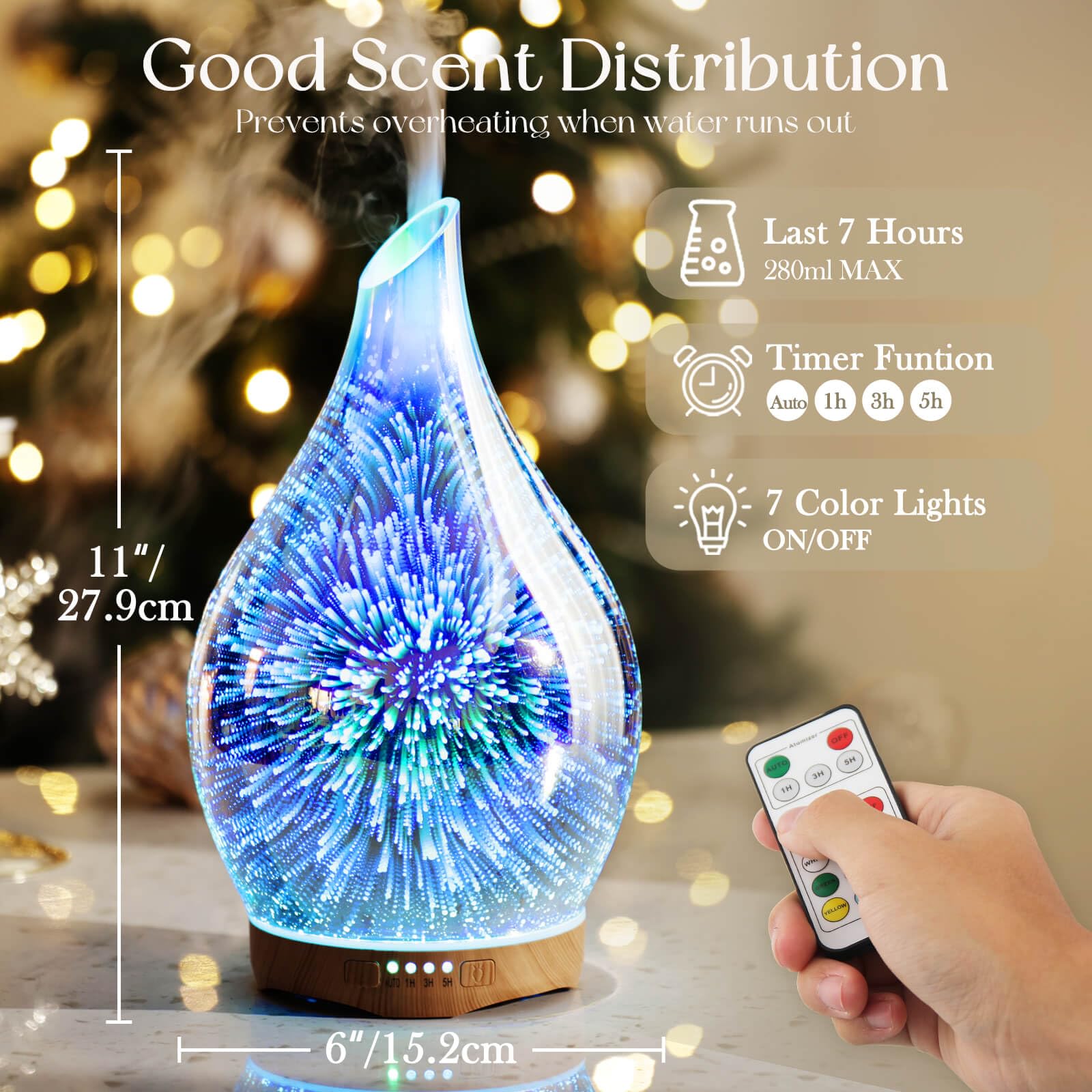 Diffuser displaying timer settings for auto, 1h, 3h, 5h