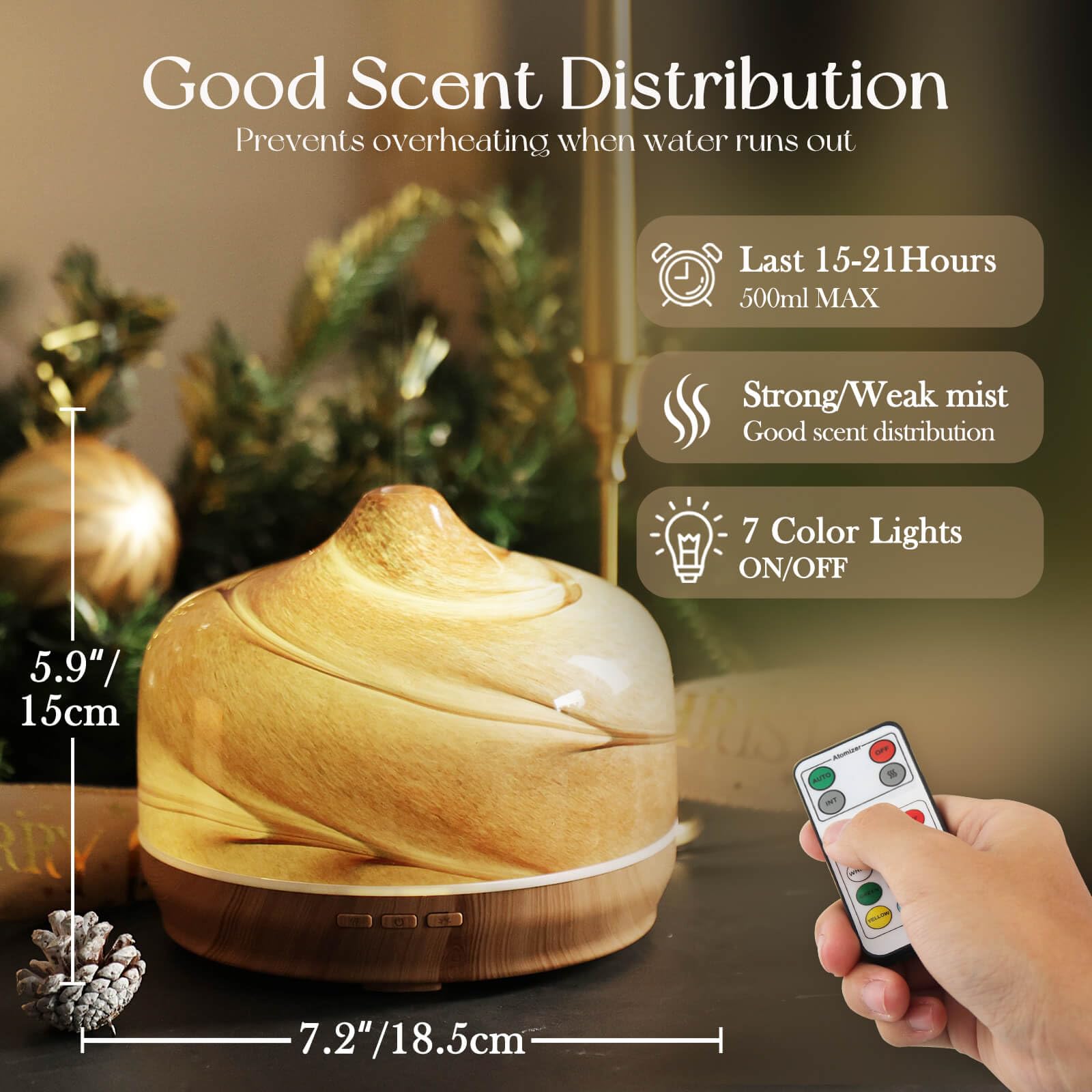 Wood grain base of Porseme 500ml essential oil diffuser