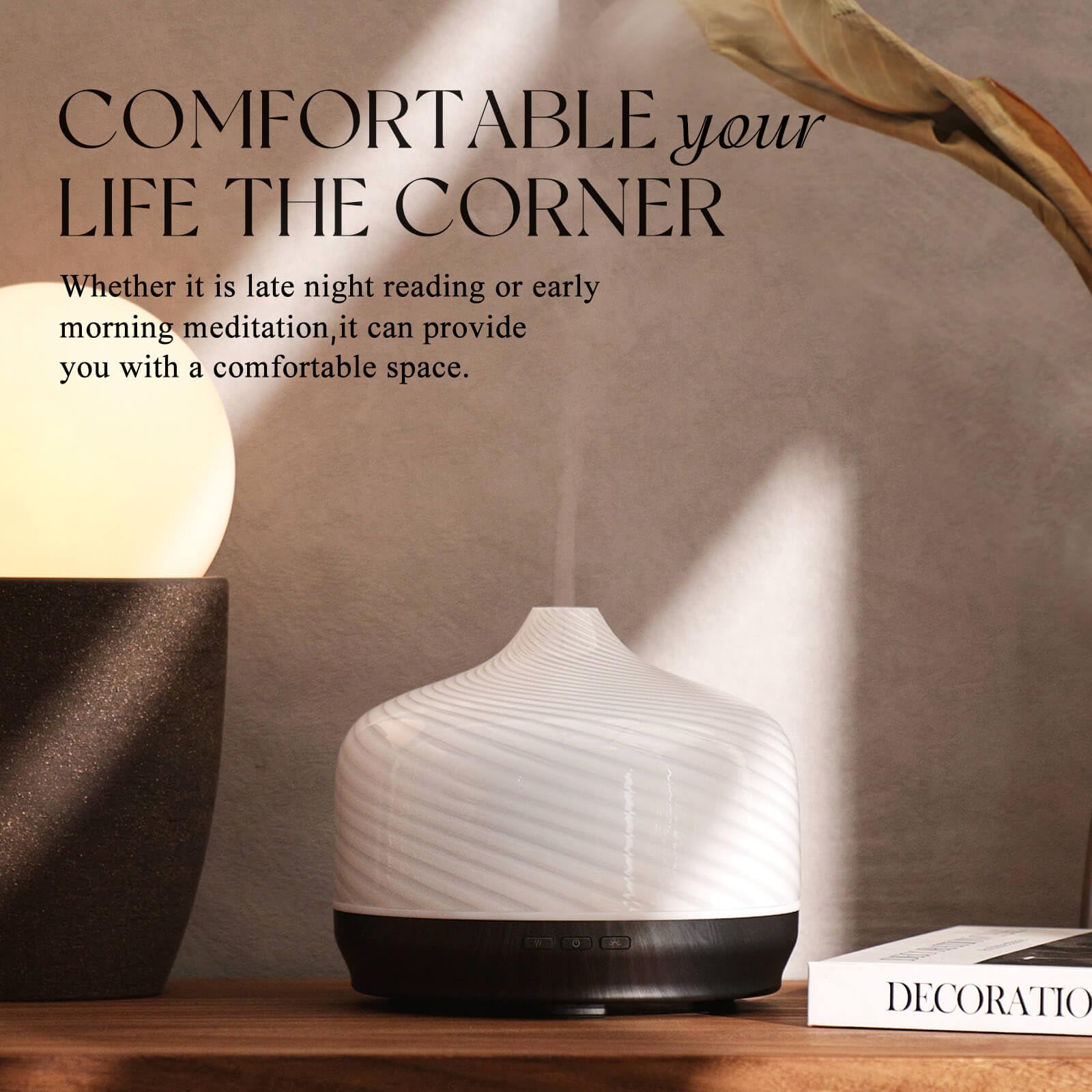 Elegant Pure White Porseme diffuser in a calming bedroom setting
