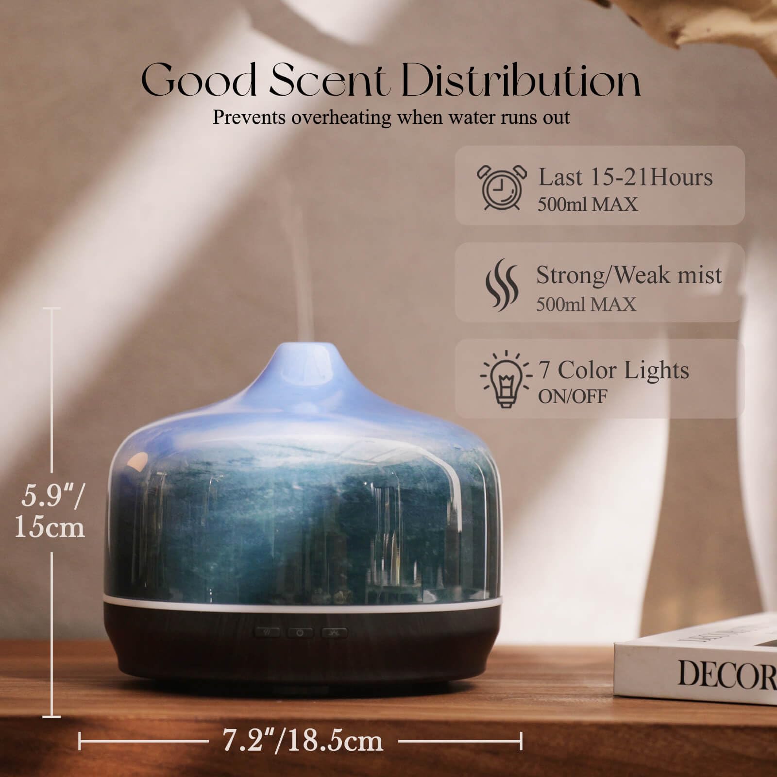 Close-up of hand-blown glass diffuser showing Dreamy Blue color