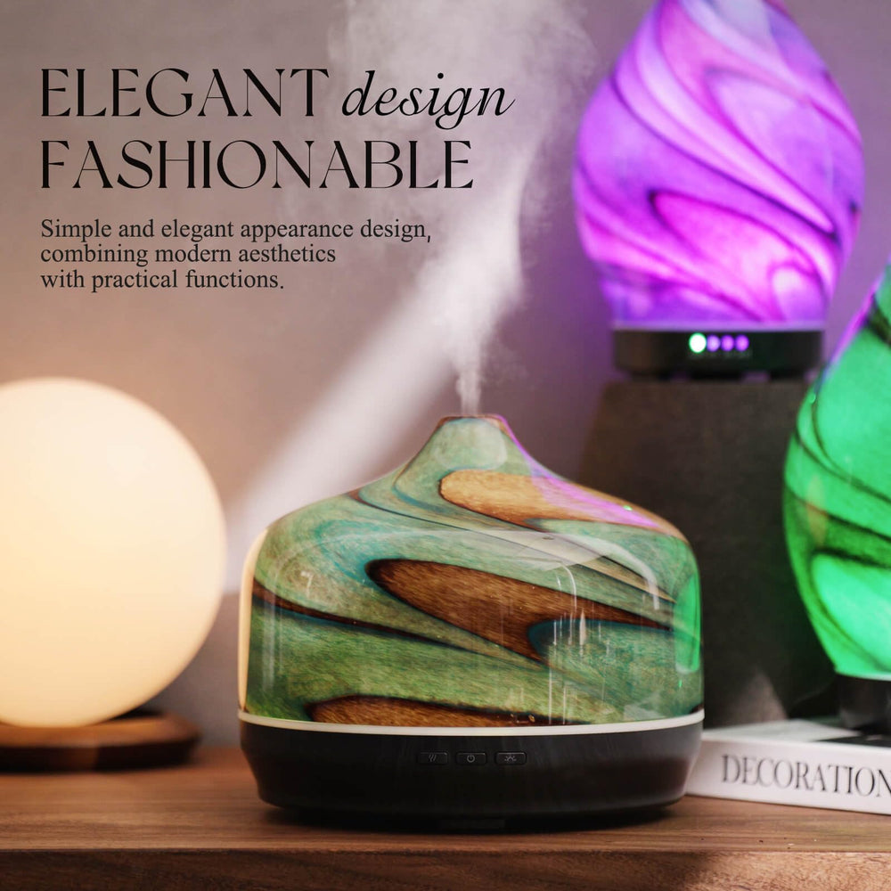Diffuser with wood grain base for decorative appeal