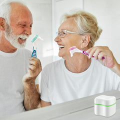 Portable denture storage box in green and blue