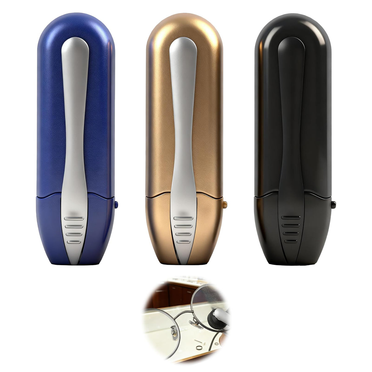 Main image showing 3-pack portable microfiber eyeglass cleaners in black, blue and gold